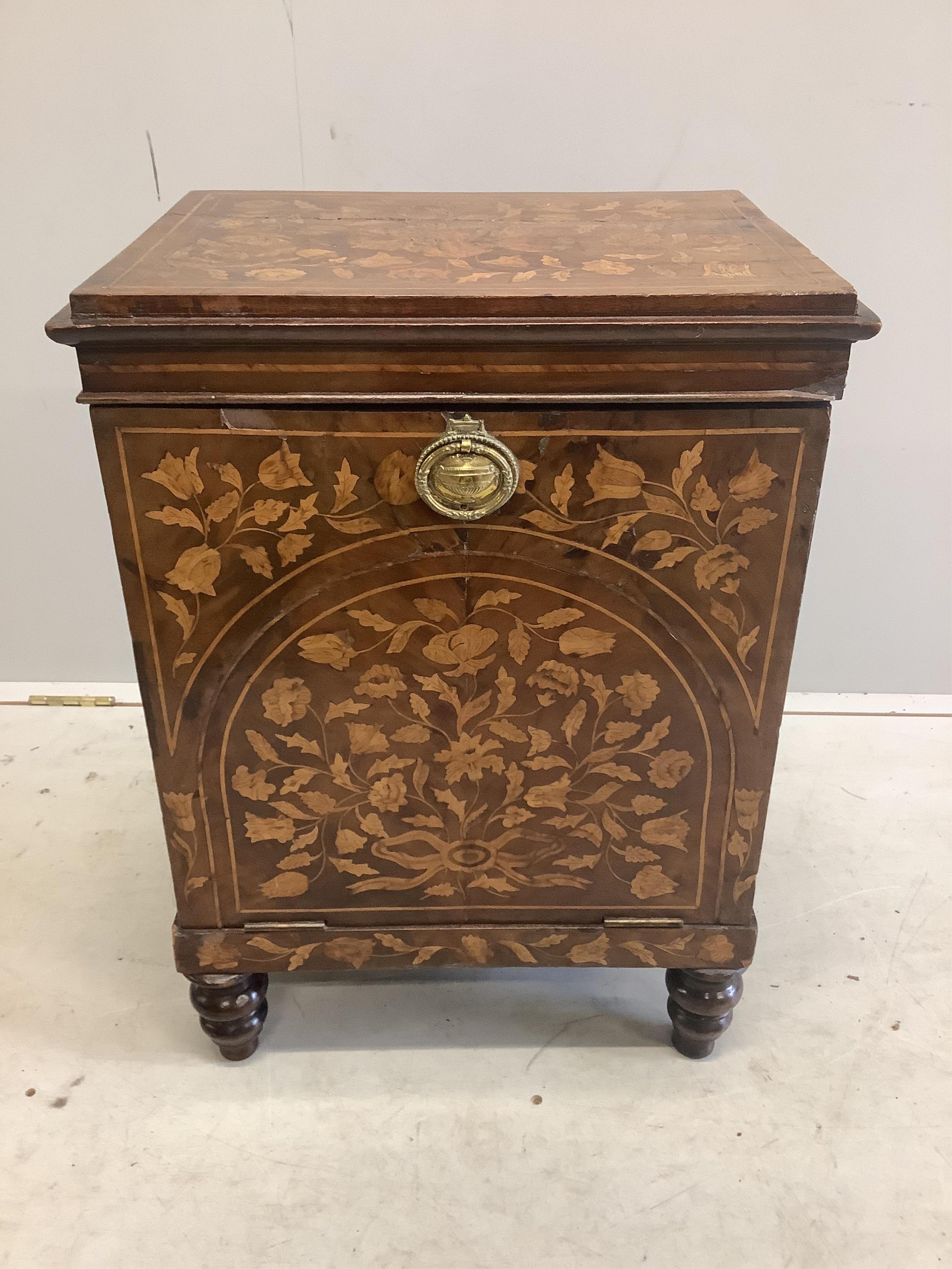 A 19th century Dutch floral marquetry inlaid walnut coal purdonium, width 49cm, depth 37cm, height 68cm. Condition - poor to fair